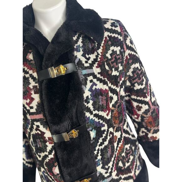 Vintage 60s 70s Tapestry Carpet Coat Faux Fur Gold Buckle Penny Lane Boho Mod - Picture 4 of 11